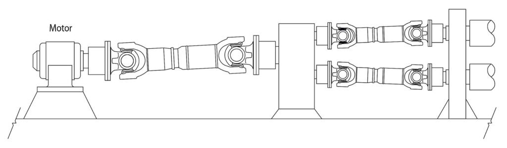 Large RINGSPANN Kempf cardan shaft transmitting drive power to rolls processing steel slabs in a rolling mill