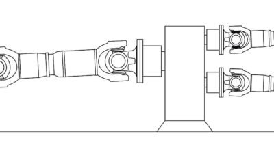 Large RINGSPANN Kempf cardan shaft transmitting drive power to rolls processing steel slabs in a rolling mill